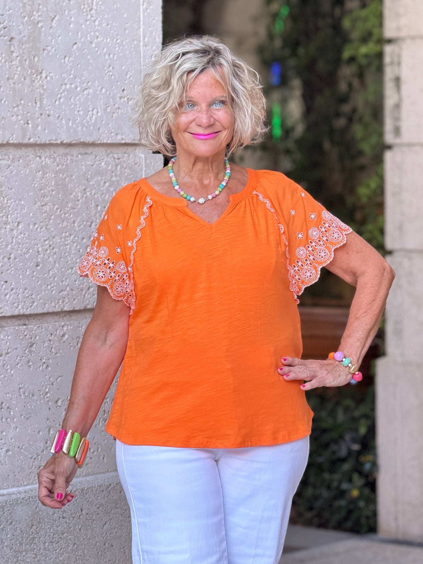 ORANGE FLORAL EMBOIDERY TOP