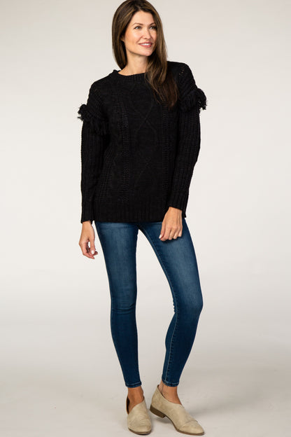 Black Cable Knit Fringe Sleeve Sweater