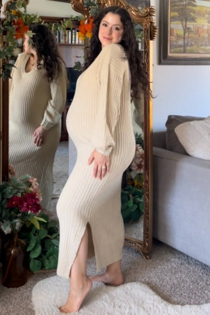 Beige V-Neck Ribbed Maternity Sweater Dress