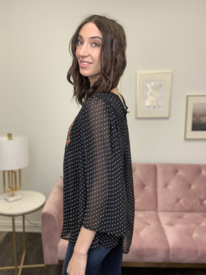 Still Remember Women's Embroidered Polka-Dot Long Sleeve Top