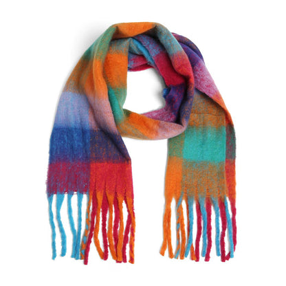 Multi-Color Plaid Oblong Scarf Shawl with Fringe