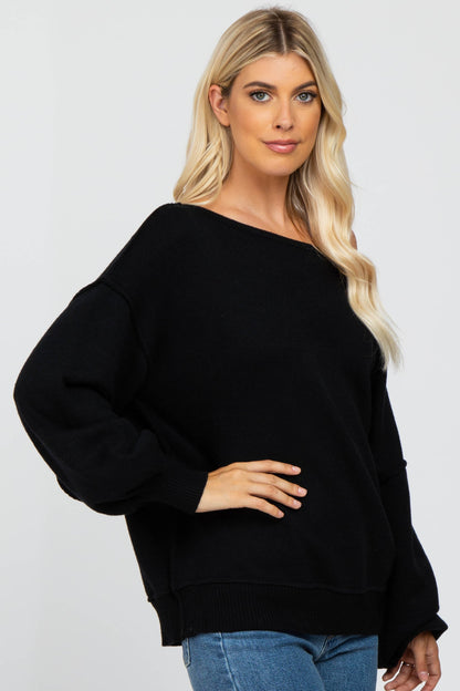 Black Boat Neck Bubble Sleeve Sweater