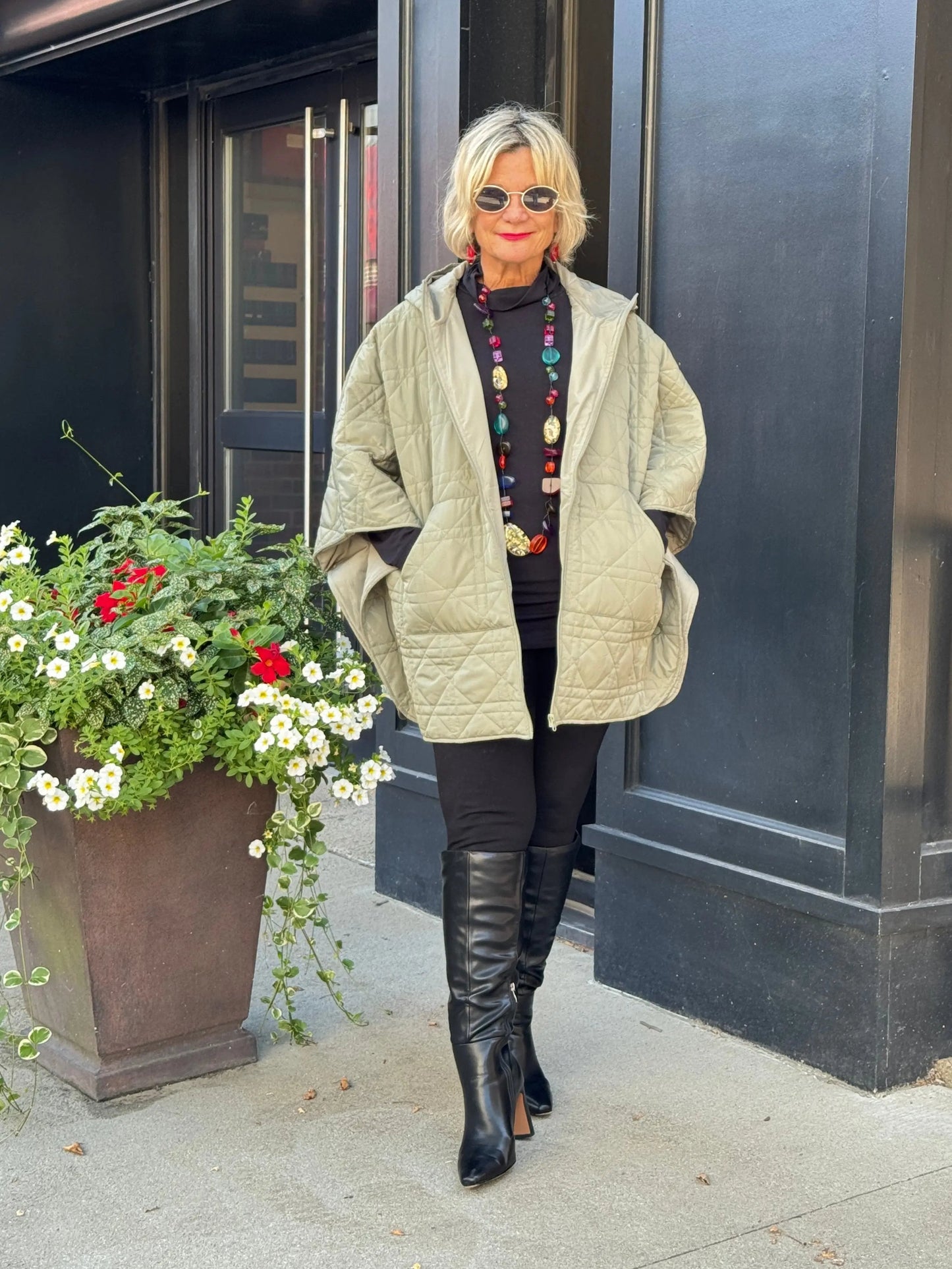 Oversize Quilted Puffer Hood Cape Poncho  SAGE