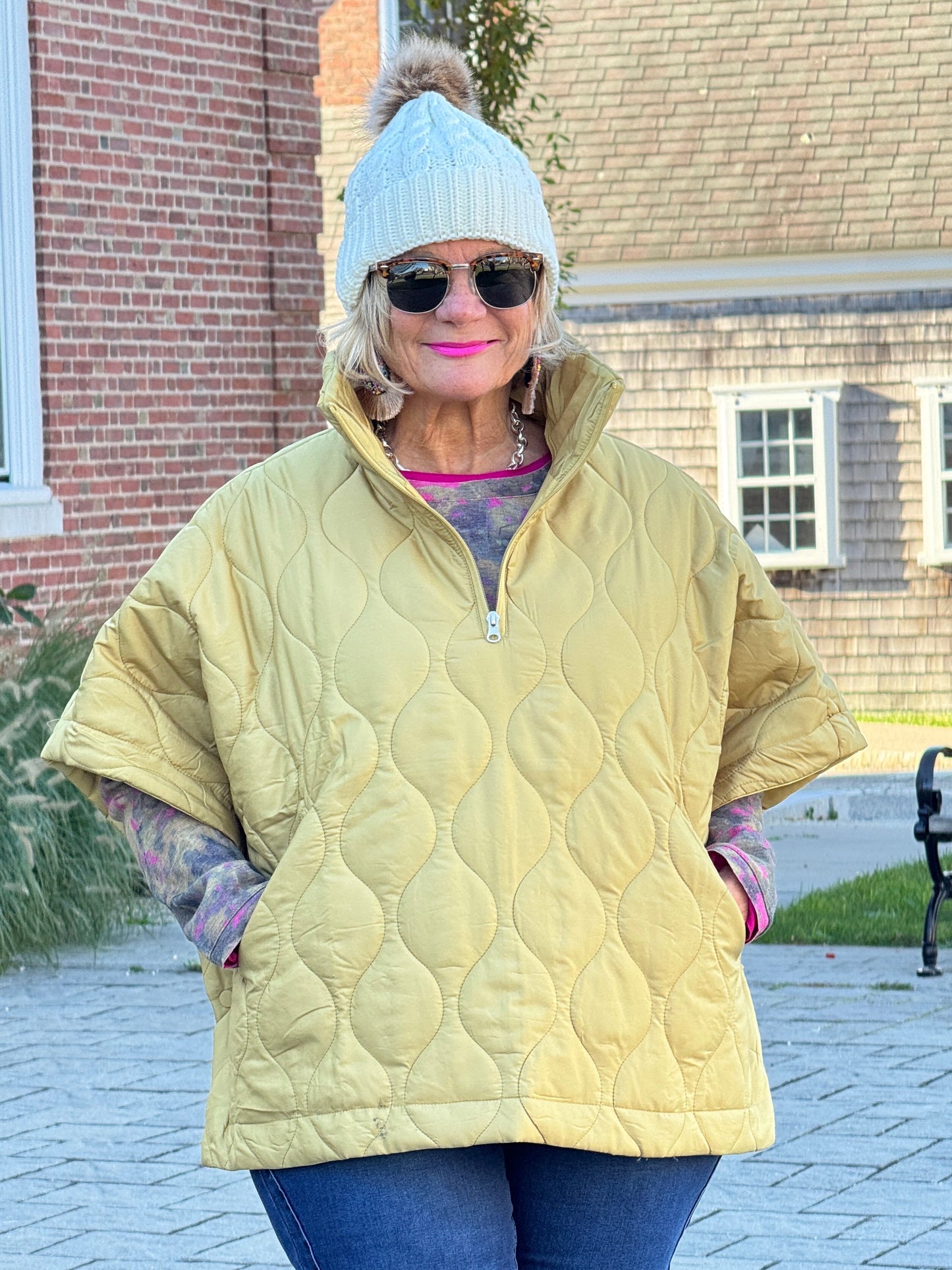 Quilted Short Sleeves Puffer Pullover Poncho Mustard