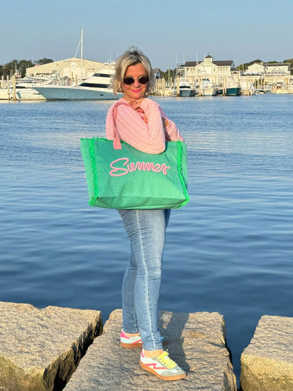 SEWN ROPE SUMMER LETTER FRINGED CANVAS BAG
