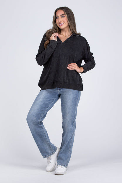 Meeting Halfway Women's Split Neck Collared Long Sleeve Top