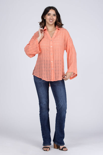 Picnic on the Beach Women's Textured Button Down Long Sleeve Top