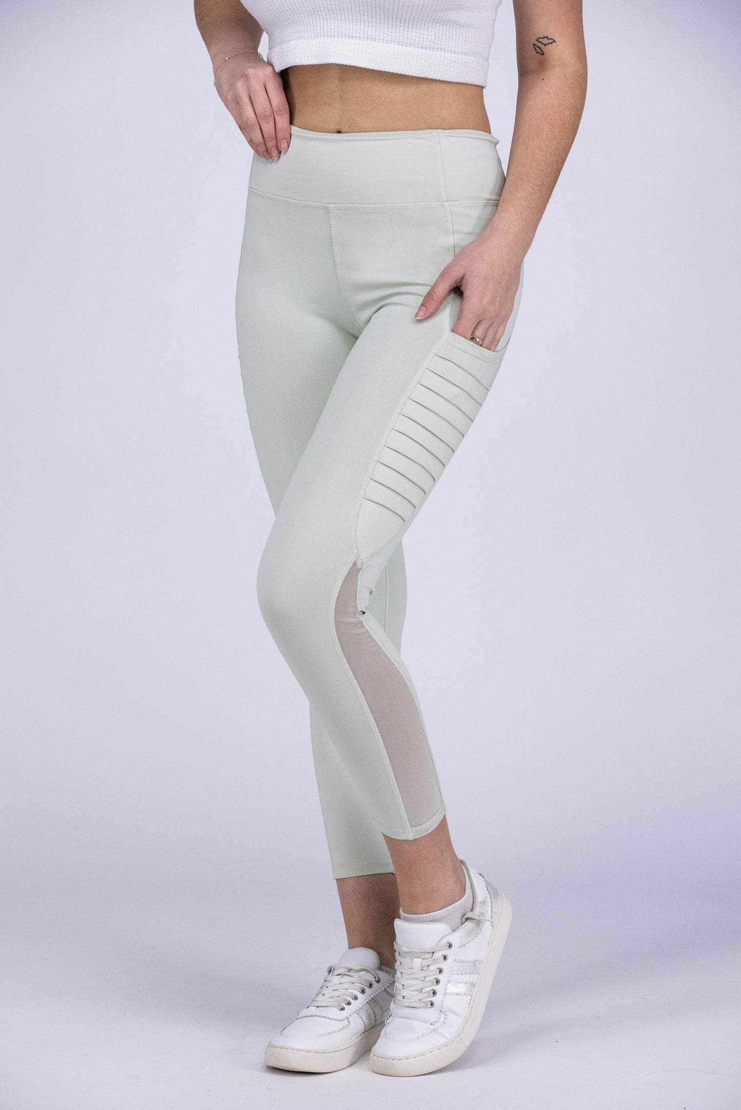 Ribbed Mesh Pocket Women's Sporty Stretch Leggings