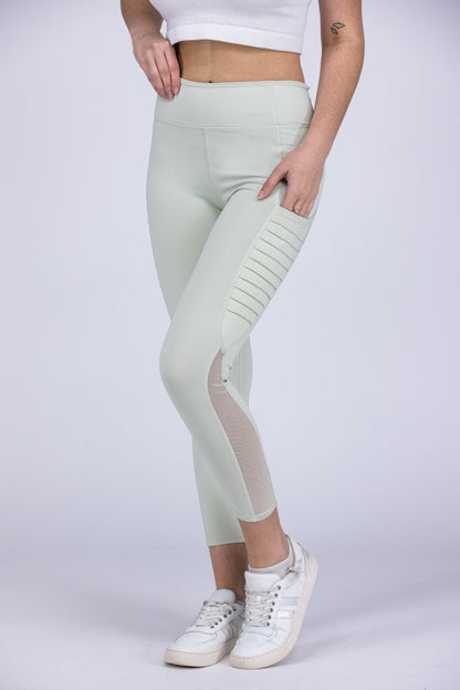 Ribbed Mesh Pocket Women's Sporty Stretch Leggings