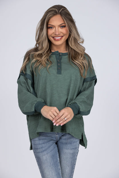 One Last Kiss Women's Ribbed 1/4 Button Down Long Sleeve Top