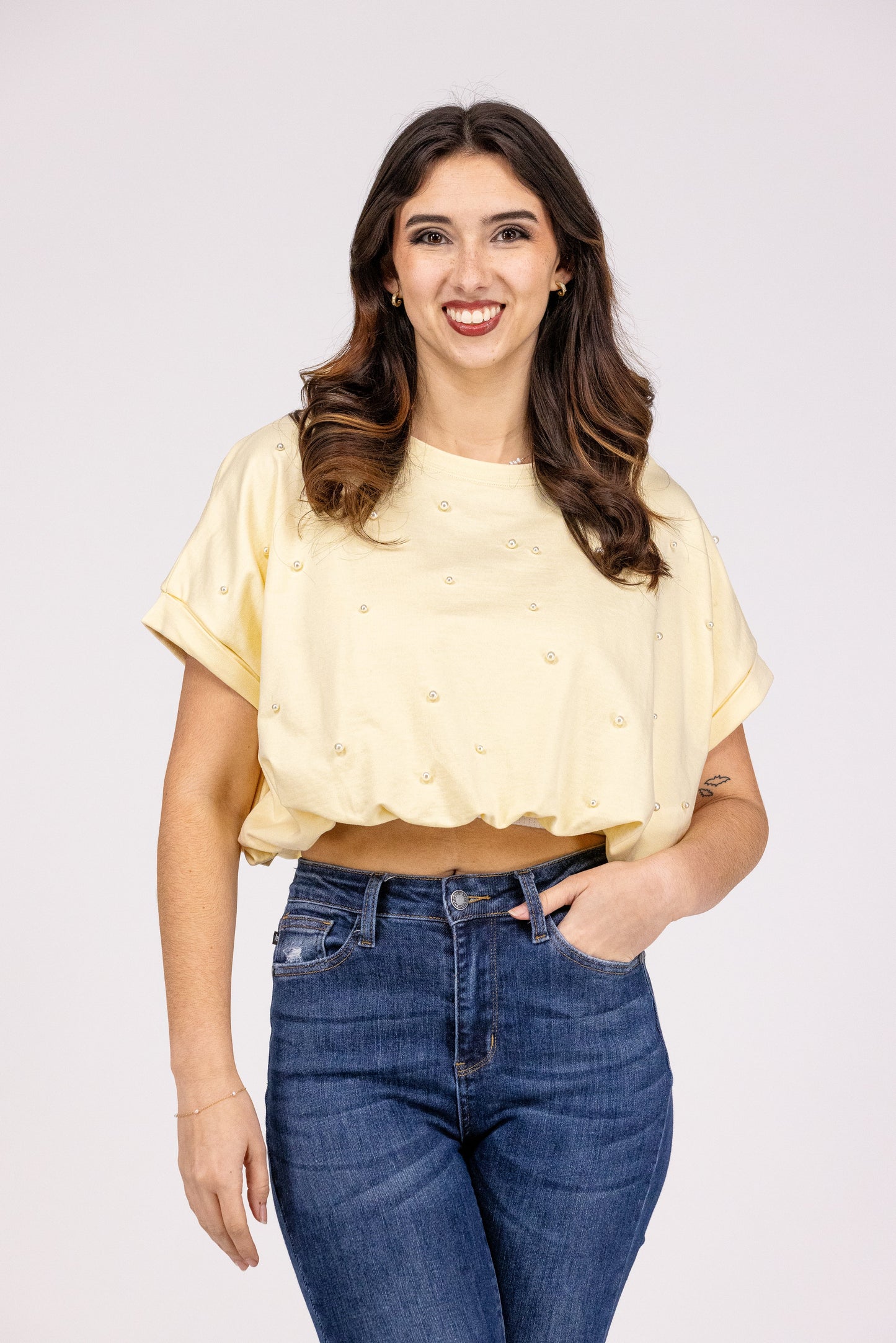 Pearl Days Women's Bubble Hem Cropped Short Sleeve Shirt