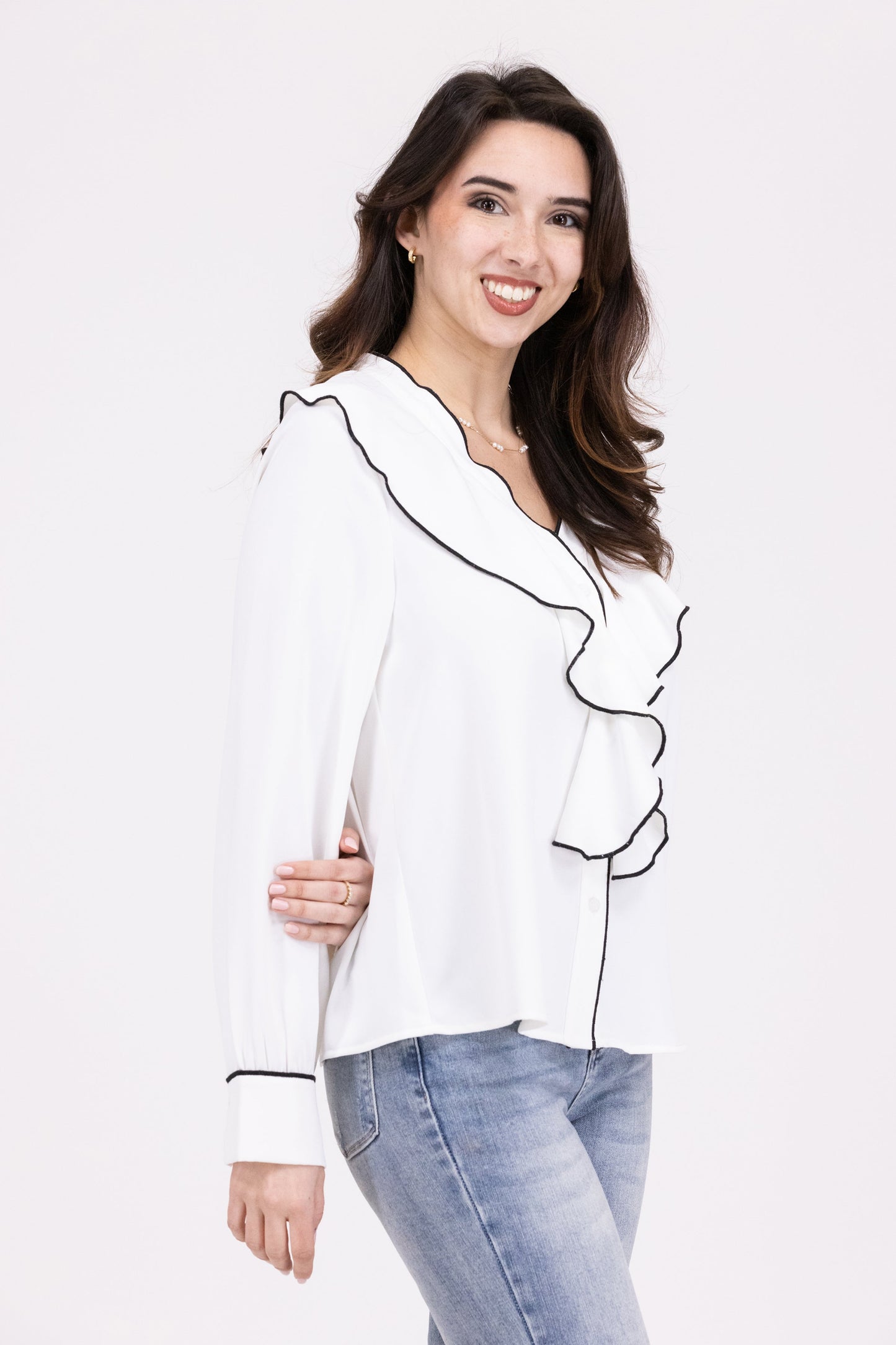 Melodies Of Memories Women's Ruffled V Neck Long Sleeve Top