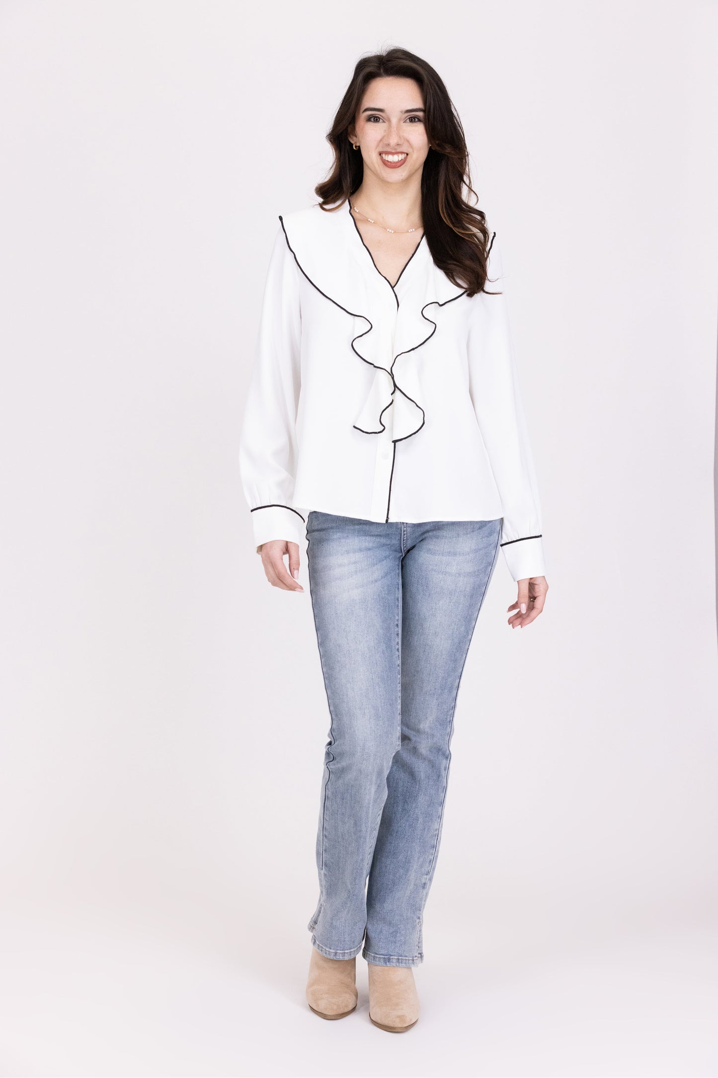 Melodies Of Memories Women's Ruffled V Neck Long Sleeve Top
