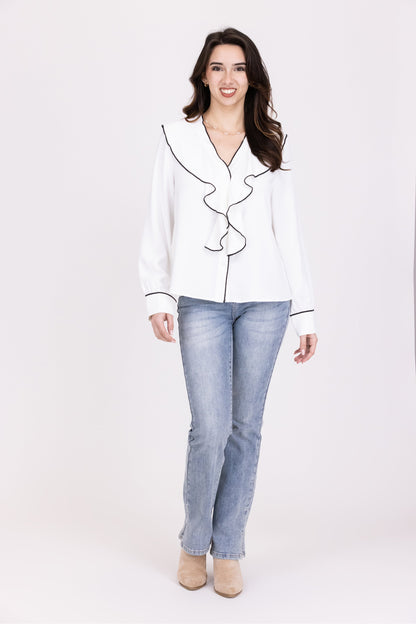 Melodies Of Memories Women's Ruffled V Neck Long Sleeve Top