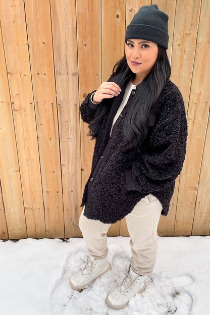 Black Contrast Oversized Sherpa Coat