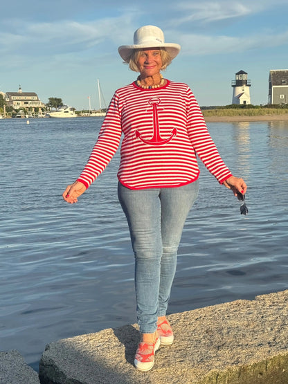 RED AND WHITE STRIPE ANCHOR SWEATER