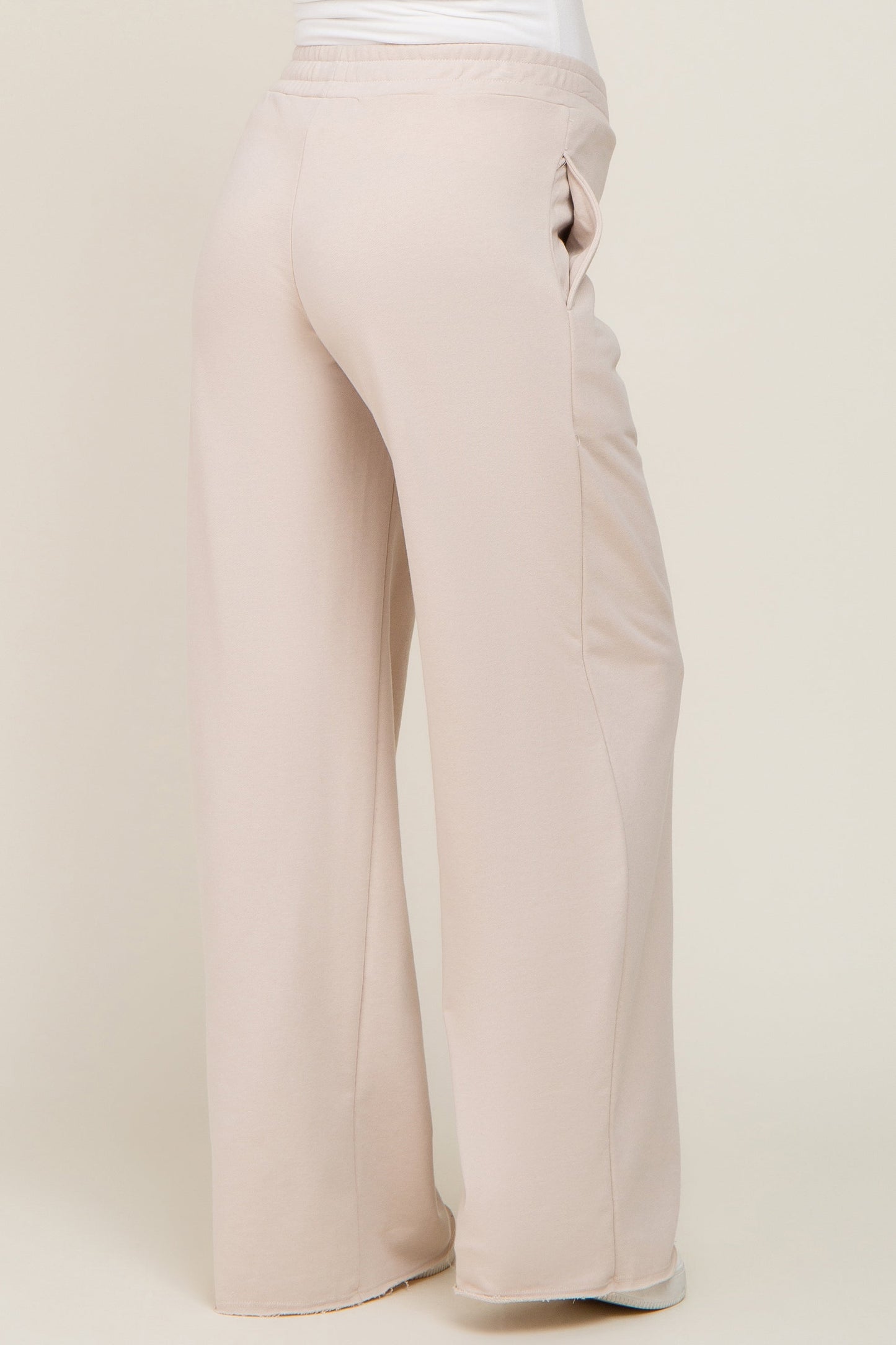 Beige Wide Leg Fray Hem Maternity Sweatpants