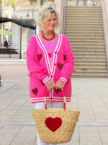 Sequin Patch Happy Hearts Relaxed Cardigan