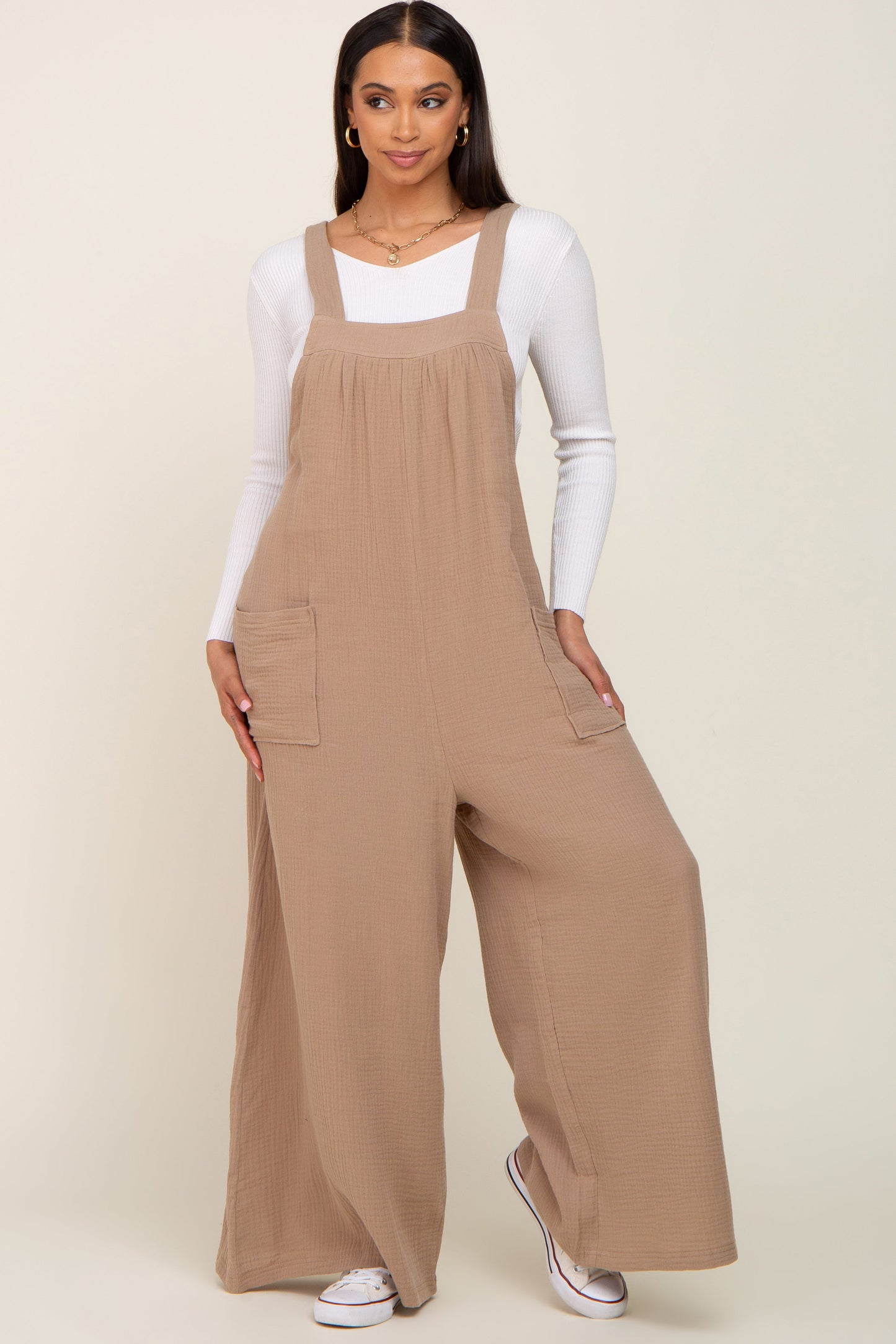 Beige Wide Leg Tie Back Overalls