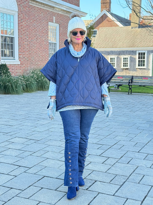 Quilted Short Sleeves Puffer Pullover Poncho Navy