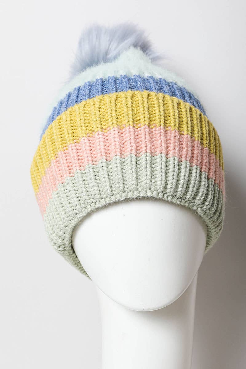 Multi Pastel Stripe Knit Pom Beanie