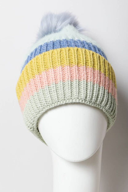 Multi Pastel Stripe Knit Pom Beanie