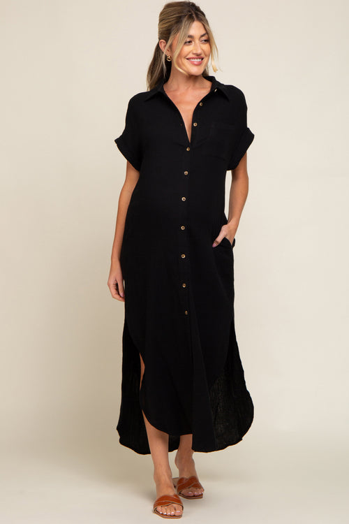 Black Button Down Maternity Midi Dress