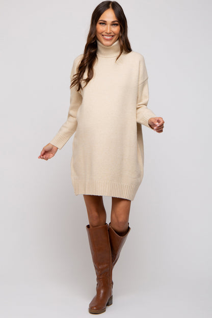Beige Turtleneck Maternity Sweater Mini Dress
