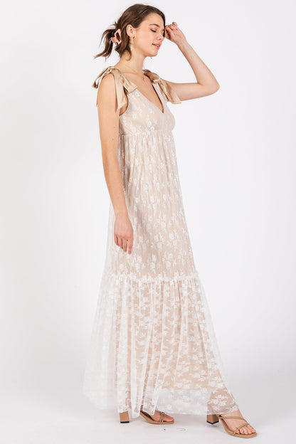 Beige V-Neck Satin Tie Lace Overlay Maxi Dress