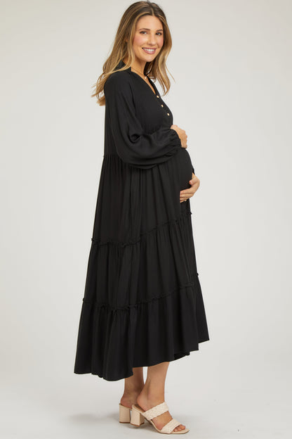 Black Button Front V-Neck Ruffle Tiered Maternity Midi Dress