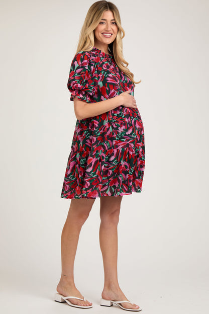 Black Abstract Floral Print Tiered Maternity Dress