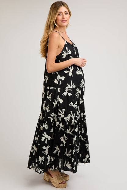 Black Bow Print Halter Front Tie Tiered Maternity Maxi Dress