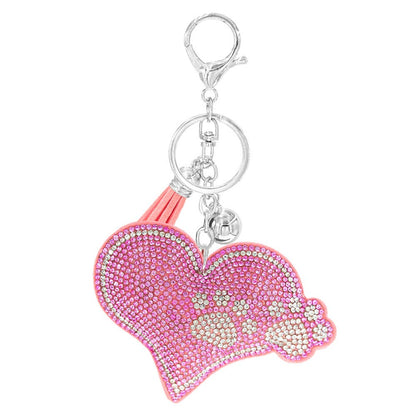 RHINESTONE HEART PAW KEYCHAIN WITH TASSEL,