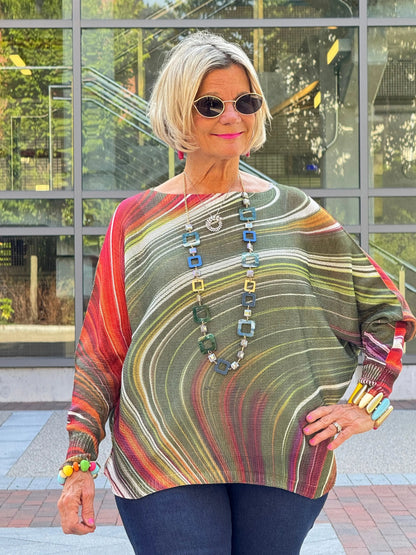 OLIVE Wavy Round Neck Knit Printed Sweater