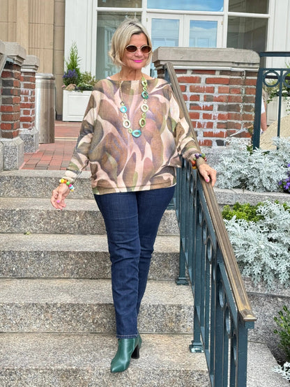Olive Abstract Round Neck Knit Printed Sweater