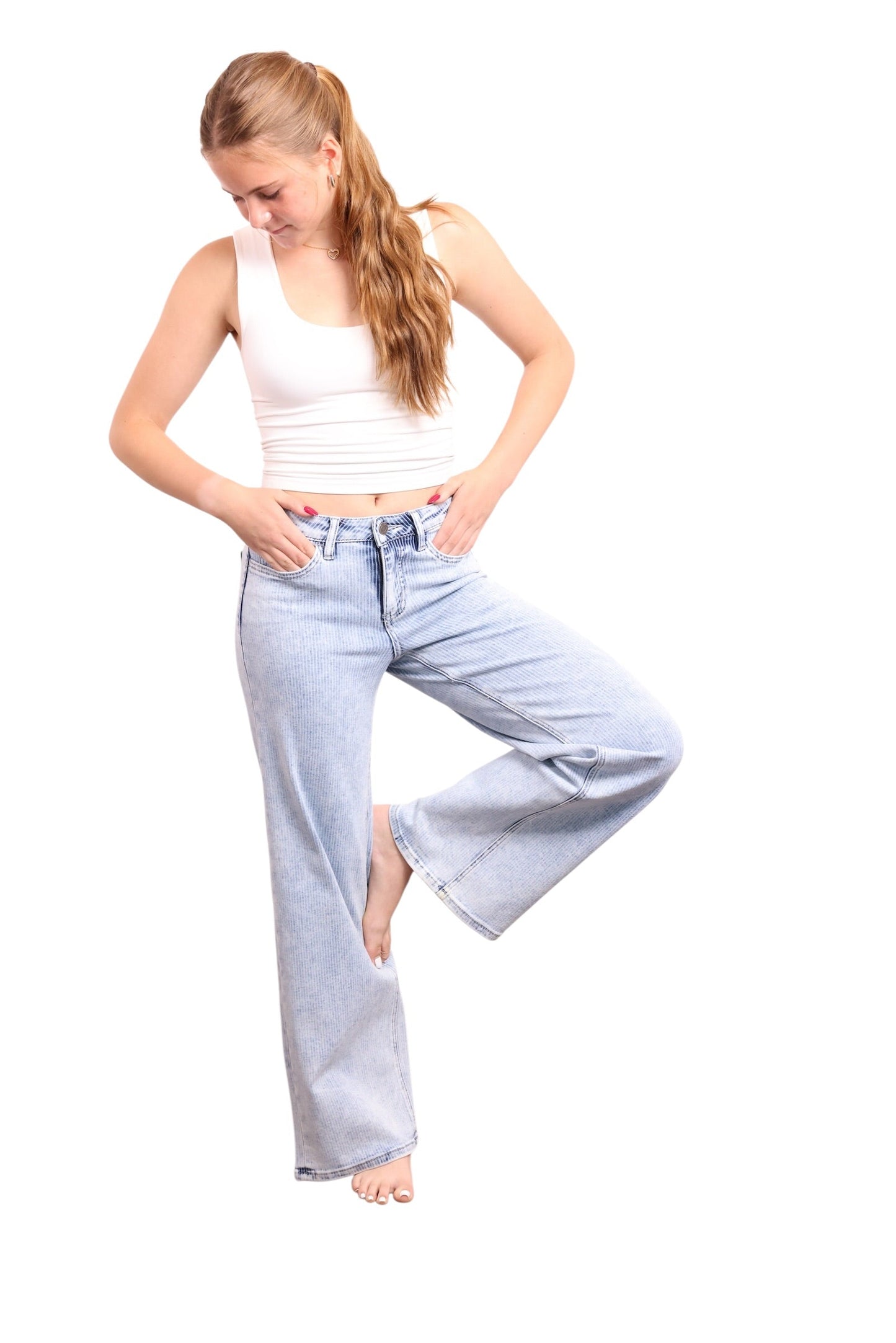 The Bristol Mid-Rise Tummy Control Wide Leg Striped Jeans