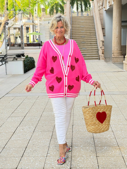 Sequin Patch Happy Hearts Relaxed Cardigan
