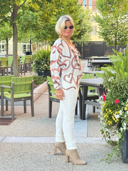 One Size Beige Heart Printed Knitted Sweater