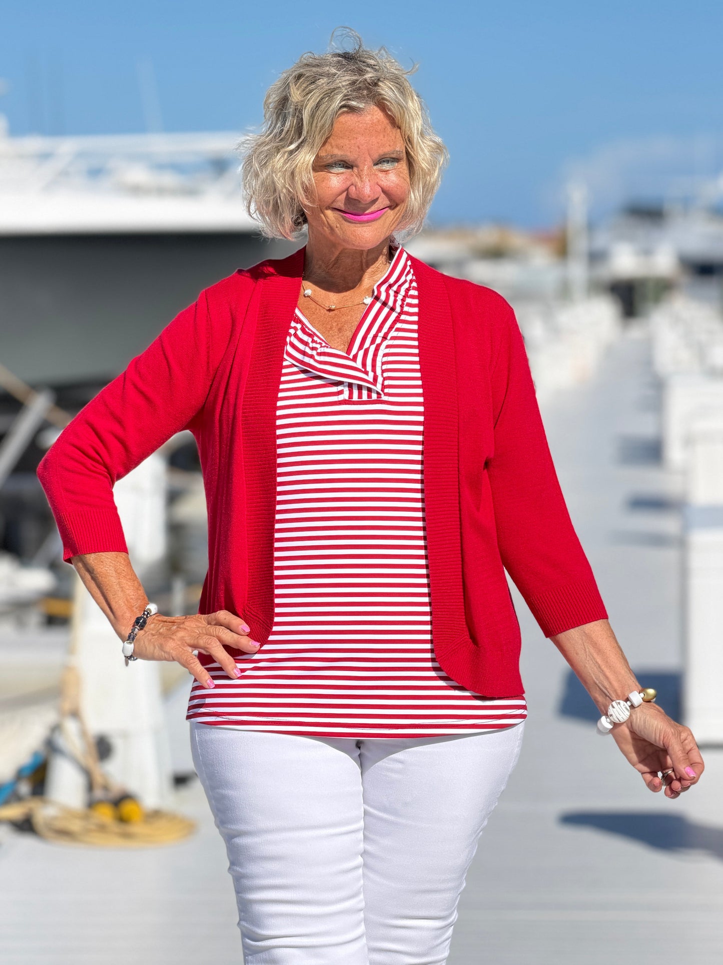 REGATTA RED STRIPE SLEEVELESS RUFFLE TOP