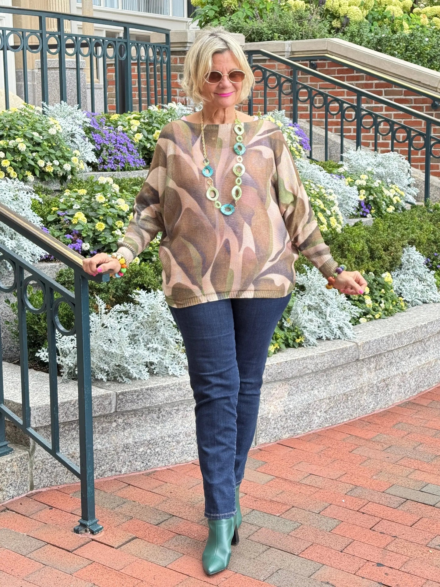 Olive Abstract Round Neck Knit Printed Sweater