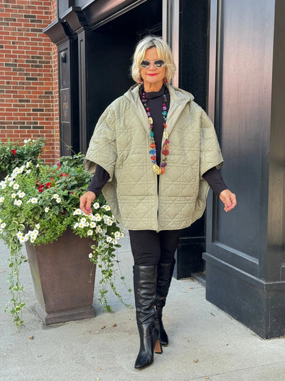 Oversize Quilted Puffer Hood Cape Poncho  SAGE