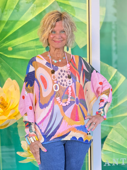 Multicolor Abstract  Round Knit Printed Sweater