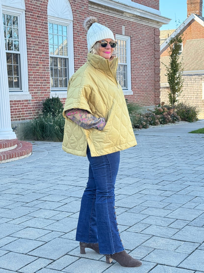 Quilted Short Sleeves Puffer Pullover Poncho Mustard