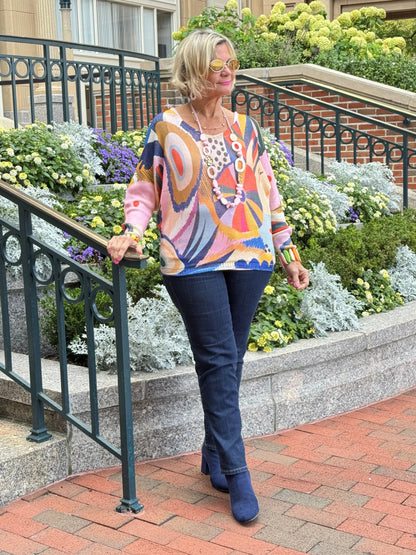 Multicolor Abstract  Round Knit Printed Sweater