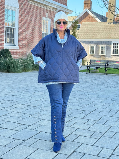 Quilted Short Sleeves Puffer Pullover Poncho Navy