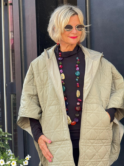 Oversize Quilted Puffer Hood Cape Poncho  SAGE
