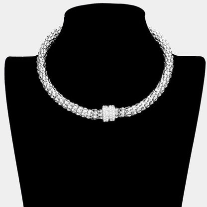 Rhinestone Embellished Metal Choker Necklace 2 COLORS