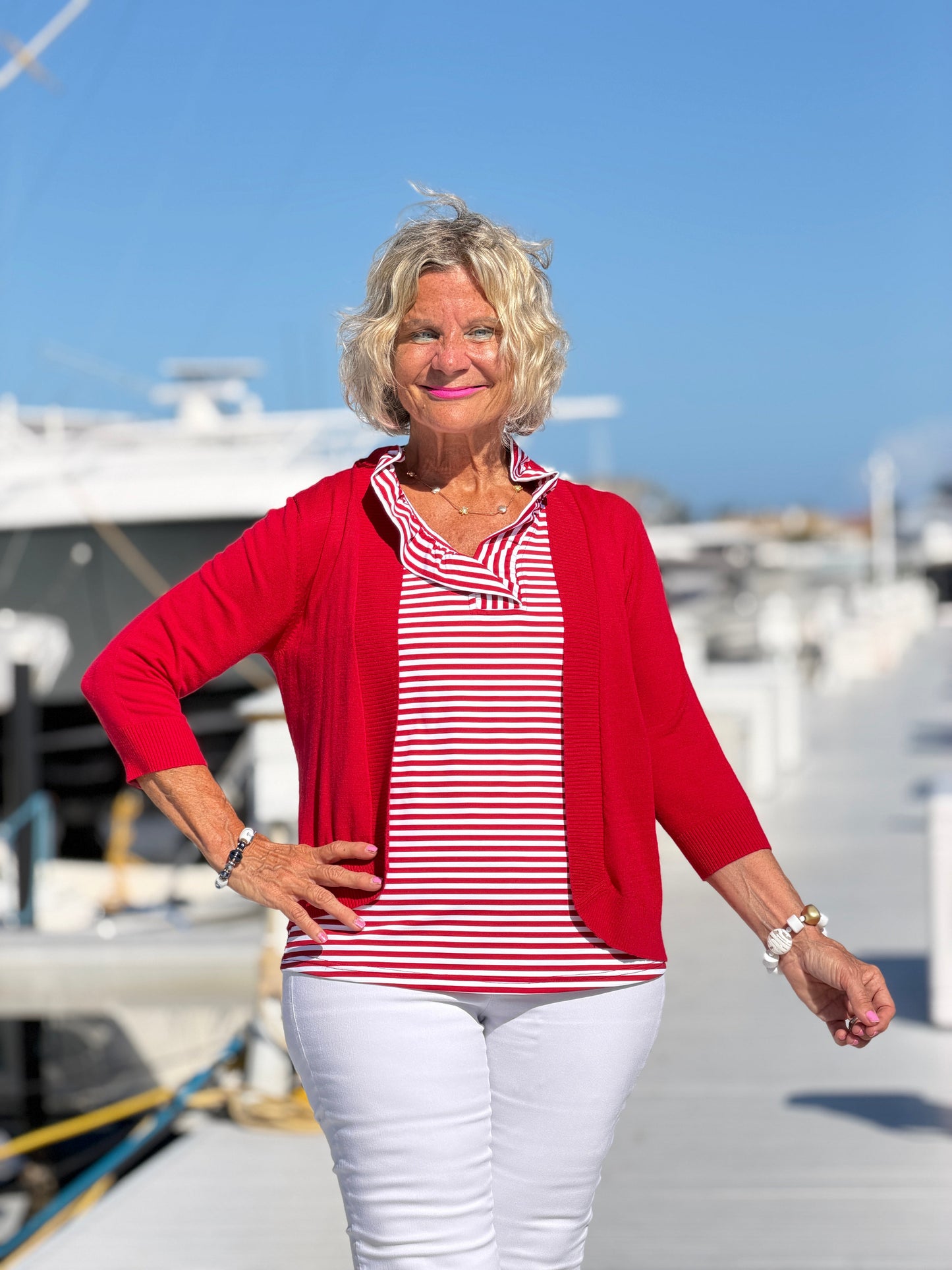 REGATTA RED STRIPE SLEEVELESS RUFFLE TOP