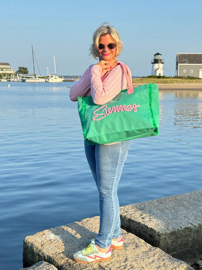 SEWN ROPE SUMMER LETTER FRINGED CANVAS BAG