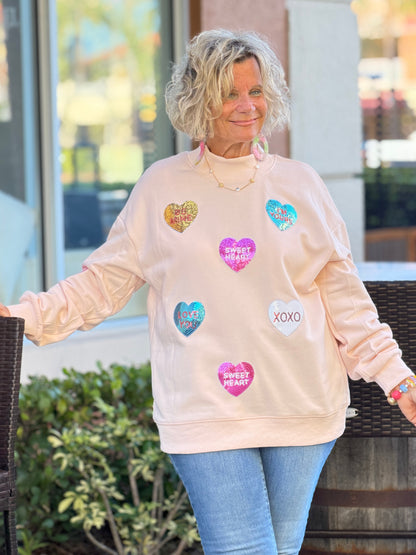 Sequin Romantic Heart Graphic Valentines Sweatshirt
